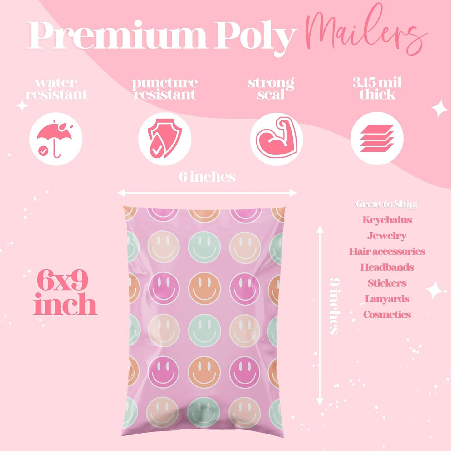 14.5x19 Designer Poly Mailer 100 Pack Heavy Duty Waterproof Self Seal Shipping Bags for Small Business Large Mailing Envelopes Bulk Tear Resistant Cute Packaging Smiley Face