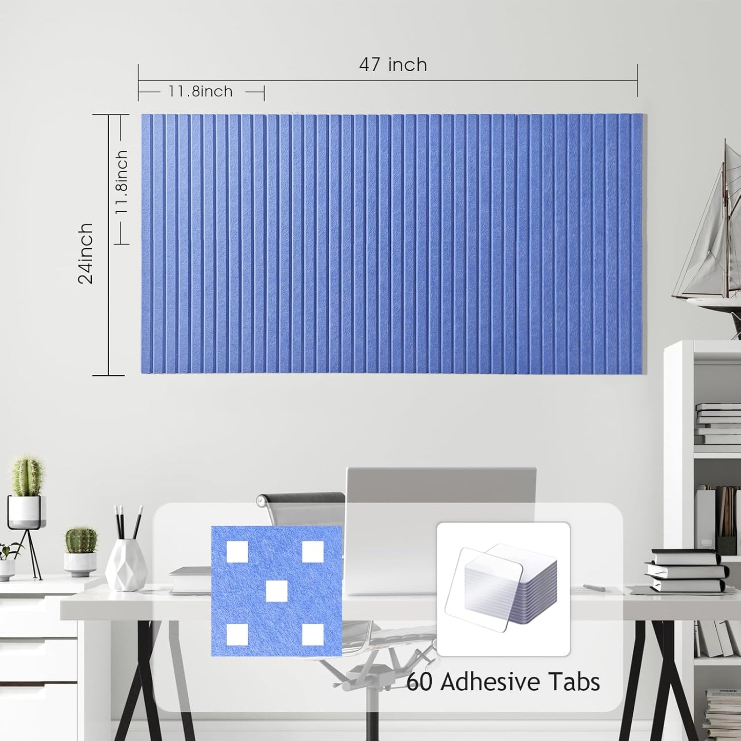 Large Cork Board for Office, 8 Pack Felt Wall Tiles with Slat Wall Paneling and Safe Removable Adhesive Tabs, Felt Bulletin Board Pin Board Cork Boards for Walls (Blue)