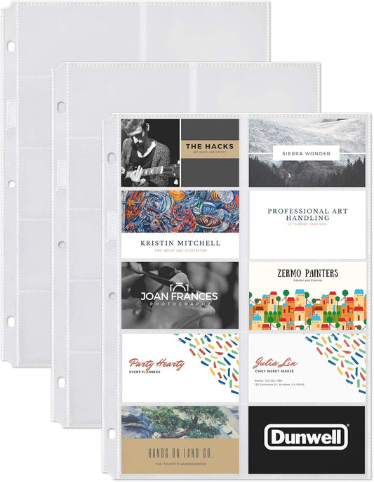 Dunwell Business Card Holder Sleeves (50 Pack for 1000 Cards), Heavyweight Plastic Sheet Protect, Each Sleeve Holds 20 2x3.5 Namecards, 3-Hole Punched, Fits 3-Ring Binders