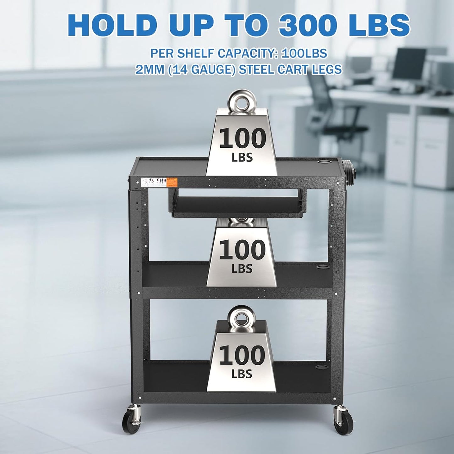 Extra Large Rolling Computer Cart with Power Strip - 3 Tier Steel Utility AV Cart with Wheels - Height Adjustable Mobile Workstation Media Carts for Presentation Office Classroom, 34" x 18" x 42"