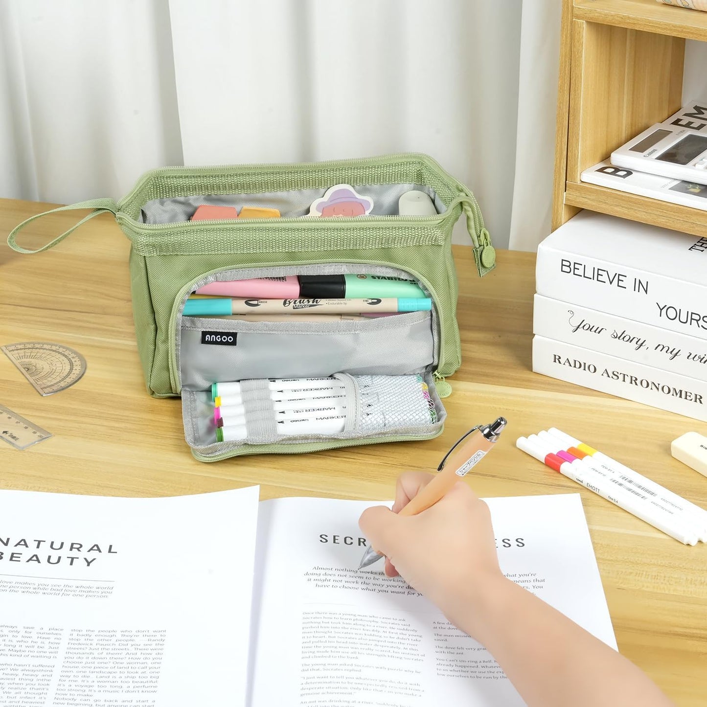 Pencil Case Pouch Large Capacity with Compartments, Pencil Case Pouch Bag with Zipper Handle for Teen Girls Boys Adults Women Men, Portable Pen Bag Stationery Organizer for Office School Travel, Green