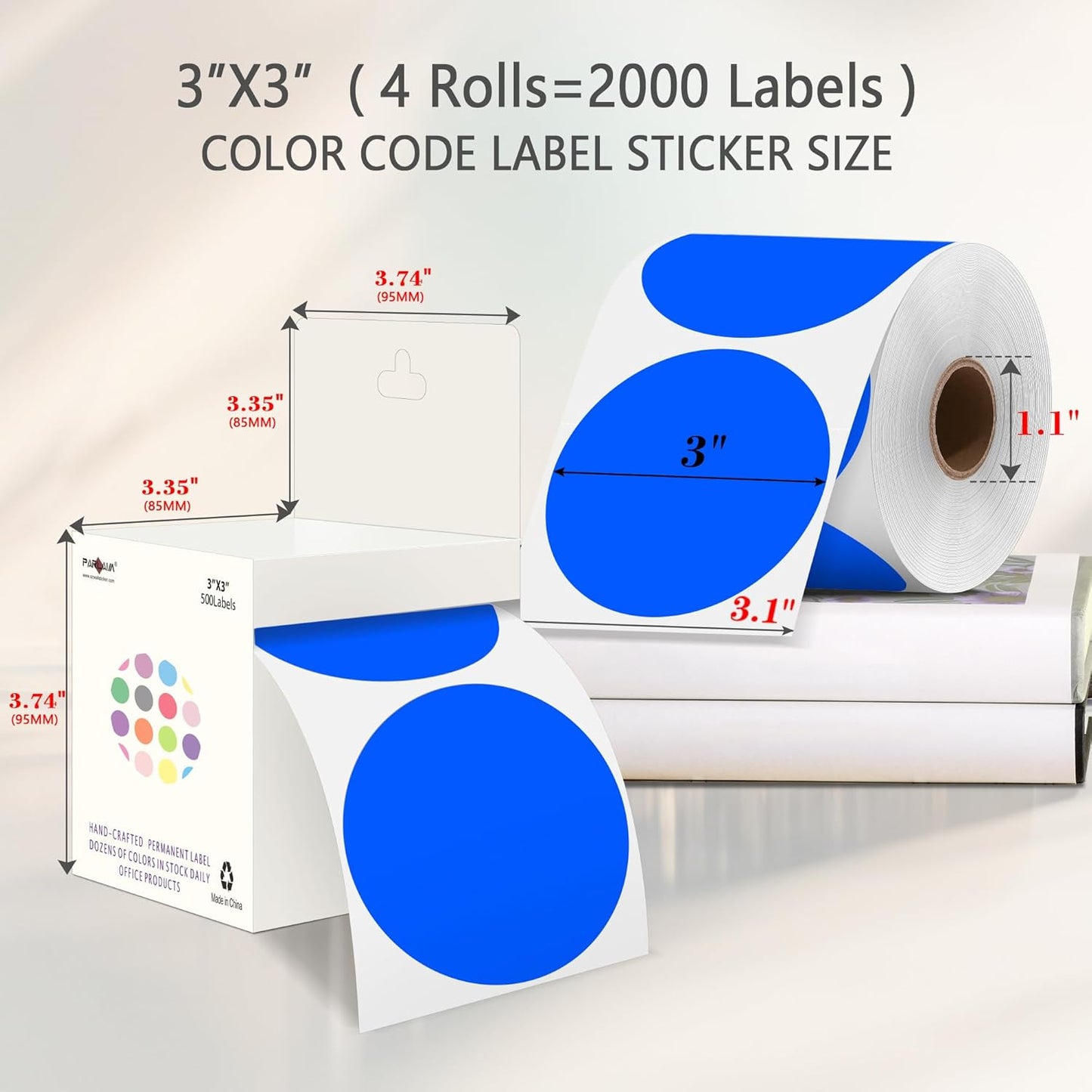 PARLAIM 3" Diameter Round Blue Color Coding Sticker, 4 Rolls 2000PCS Circle Dot Label,Permanent for Inventory Box Labeling