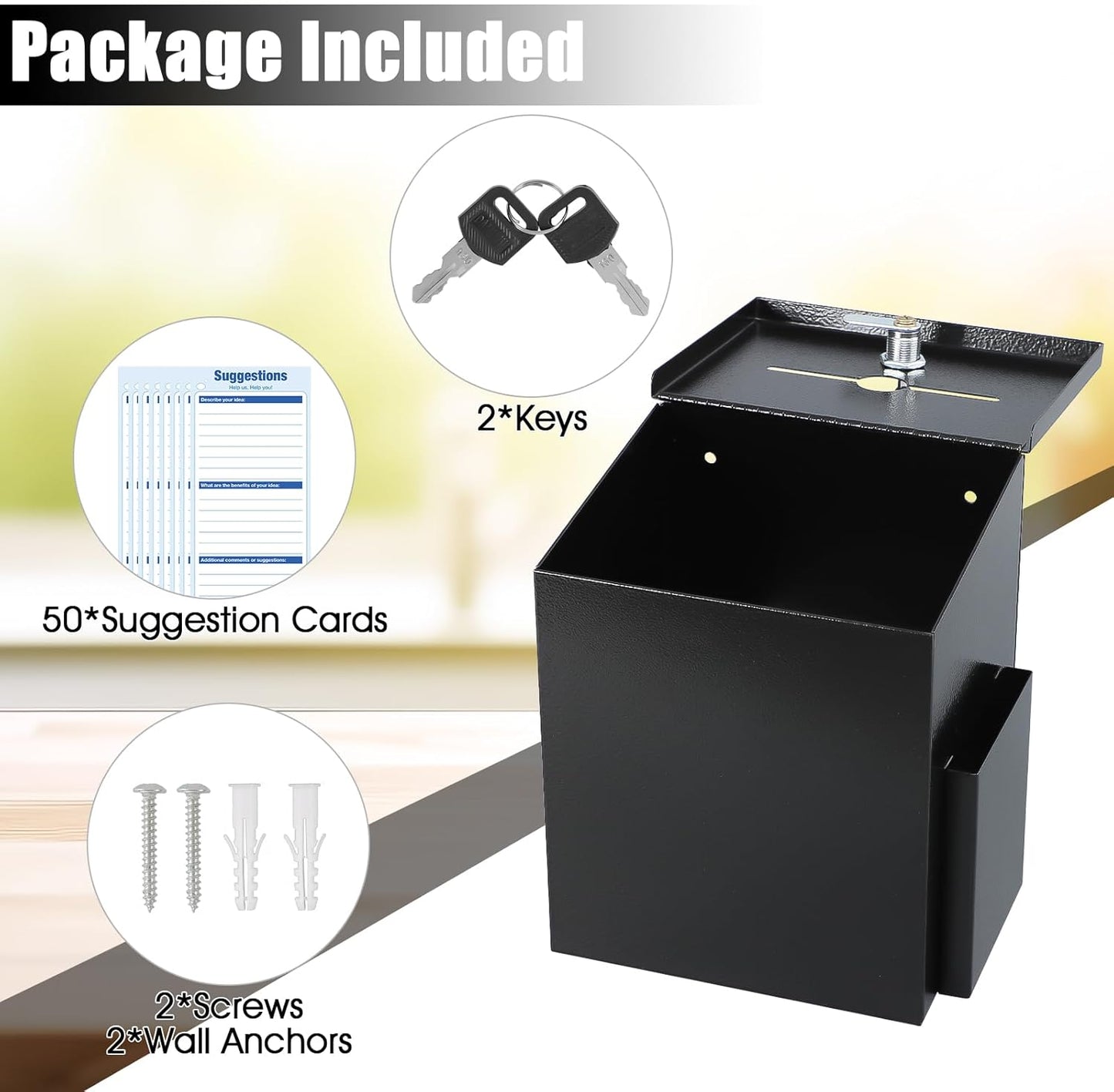 KYODOLED Suggestion Box with Lock & 50 Free Suggestion Cards, Metal Comment Donation Drop Box with Slot, Countertop or Wall Mounted, 8.7" Hx5.9 Wx7.1 L, Black