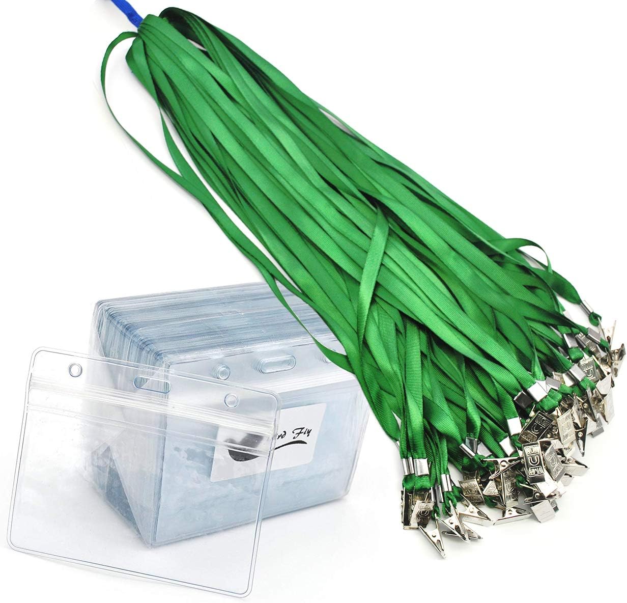 Bird Fiy Lanyards with id Holder Name Badges 50 Pcs Waterproof Type Clear Plastic Horizontal Name Tag Badge Id Card and 50 Pcs Lanyard (Green)