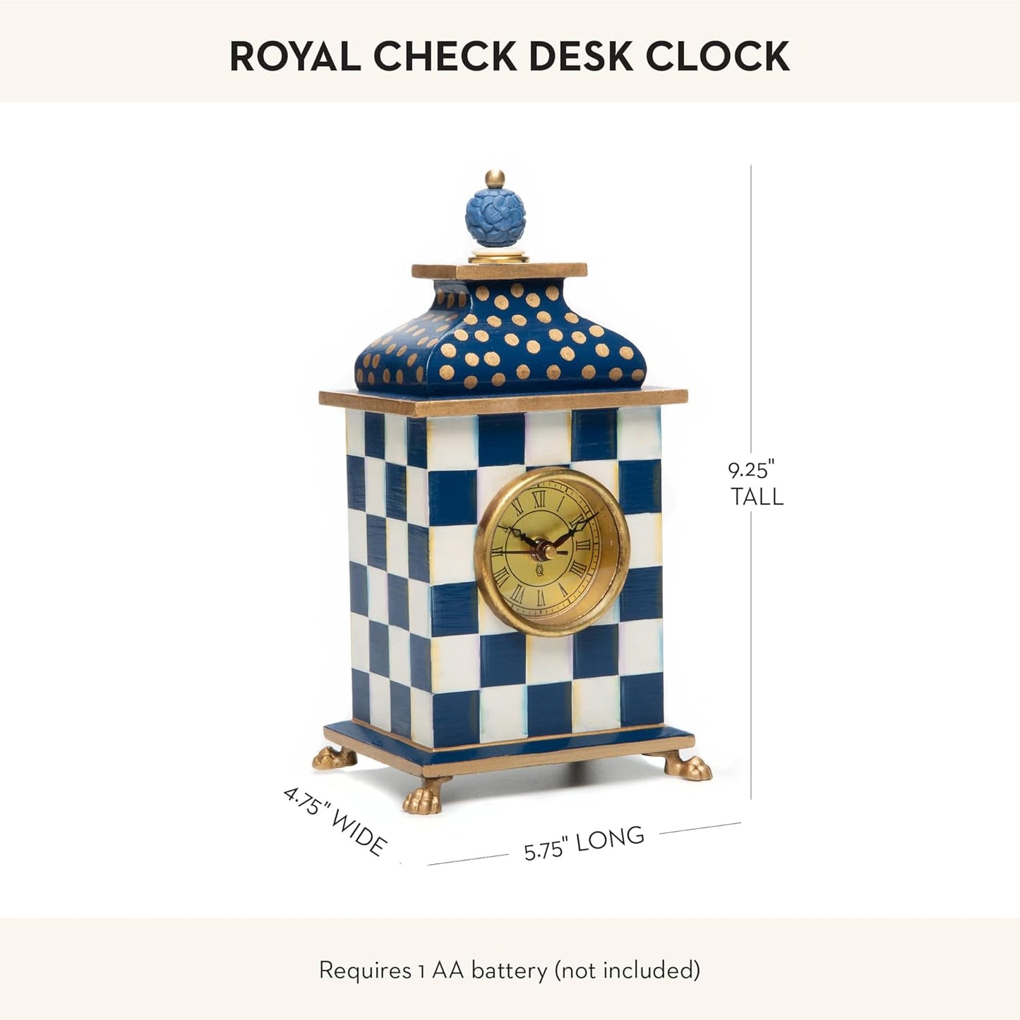 MACKENZIE-CHILDS Desk Clock, Decorative Wood Clock for Kitchen and Living Room, Blue-and-White Royal Check