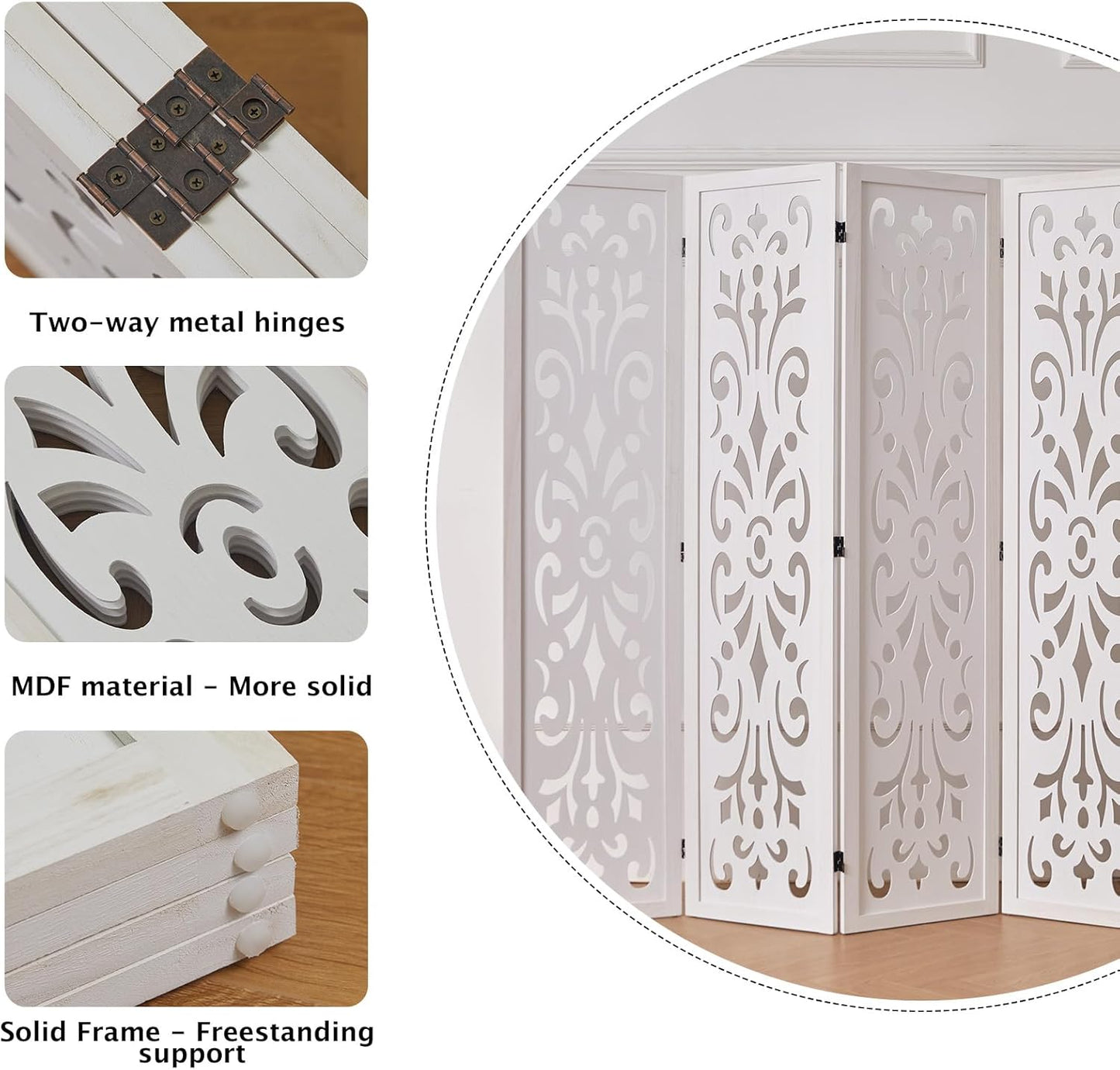 5.6Ft Room Divider Folding Wood Classical Carved Partition Screen for Home Office Garden - 4 Panels (White)