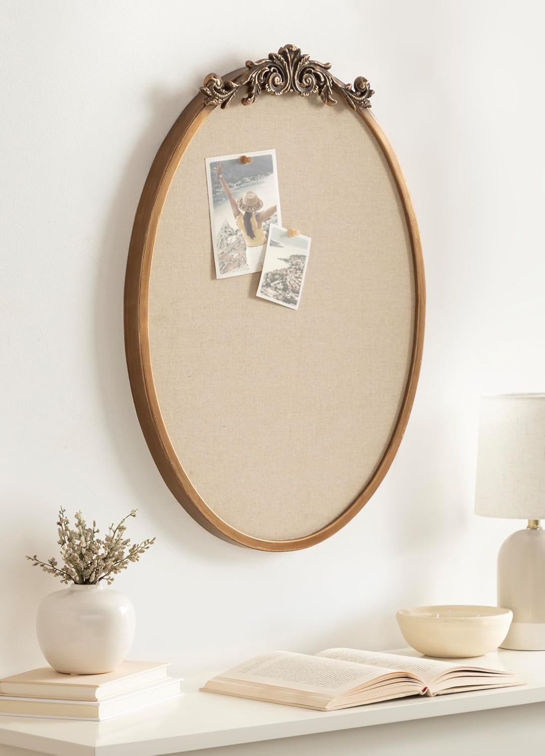 Kate and Laurel Arendahl Decorative Oval Pinboard, 18 x 24, Gold, Framed Round Ornate Vintage Cork Board for Use as Motivational Vision Board or Wall Organizer