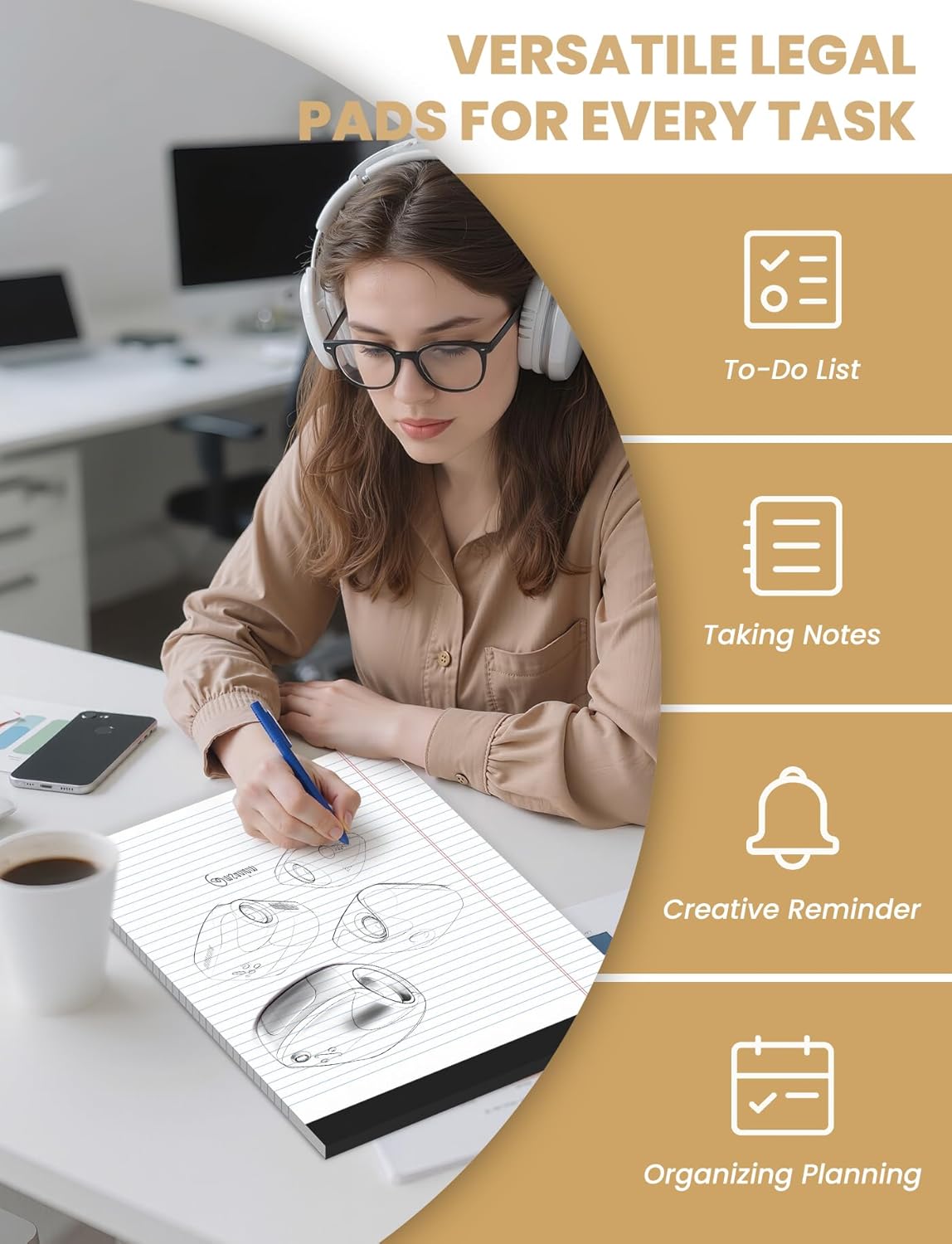 12 Pack White Legal Pads 8.5 x 11 College Ruled, 30 Sheets Per Note Pads 8.5 x 11, Perforated Lined Paper Pads 8.5 x 11.75, Writing Pads with Sturdy Backing, Legal Notepads for School, Office, Home