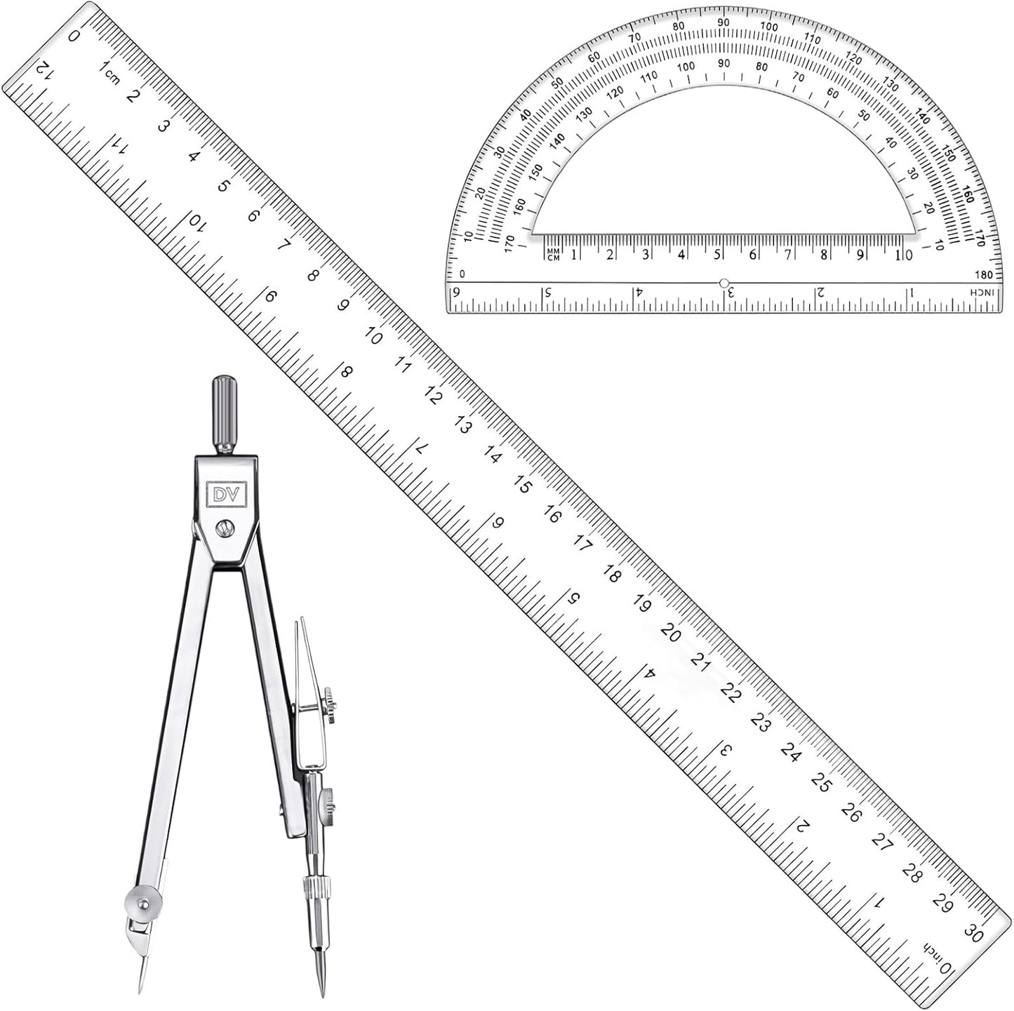 3 Pcs Plastic 12 Inch Ruler, Clear Protractor and Compasses Set for Student Geometry, Durable Transparent Drawing Measuring Rulers for School Office