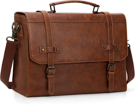 RAINSMORE Mens Messenger Bag 18 Inch Waterproof Vintage Leather Laptop Briefcase Large Laptop Bag Satchel Bag Computer Shoulder Bag for Office Business Travel College,Brown
