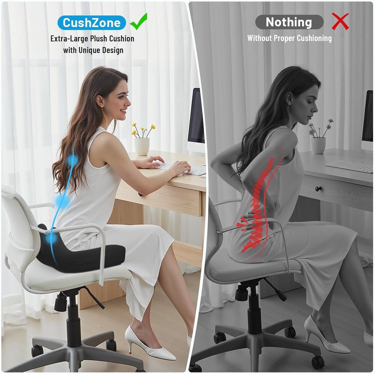 Seat Cushion, Memory Foam Office Chair Cushions, Ergonomic Curved Design for Sciatica, Tailbone, Coccyx, Seat Support for Car, Desk Chair, Wheelchair, Enhances Long Sitting Comfort (Black)