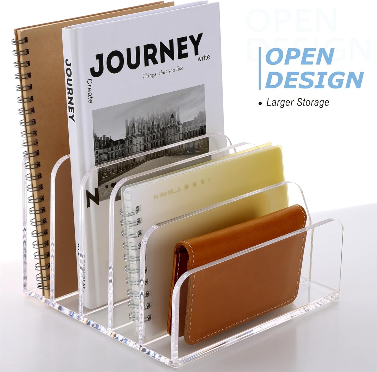 SANRUI Acrylic Desk File Organizer Holder for Desk, Clear Laddered 5 Upright Compartments Mail Sorters, Multifunction Desktop Envelope Folder Racks Document Holders for Office, Home, School