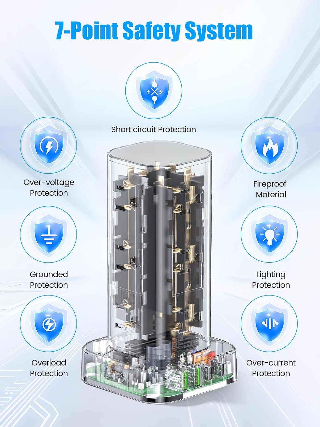 Flat Plug Power Strip Tower Surge Protector, 10FT Flat Extension Cord with Multiple Outlets, 12 AC Outlets, 4 USB Ports (2 USB C) Charging Station for Office Home Dorm Room Travel (White)