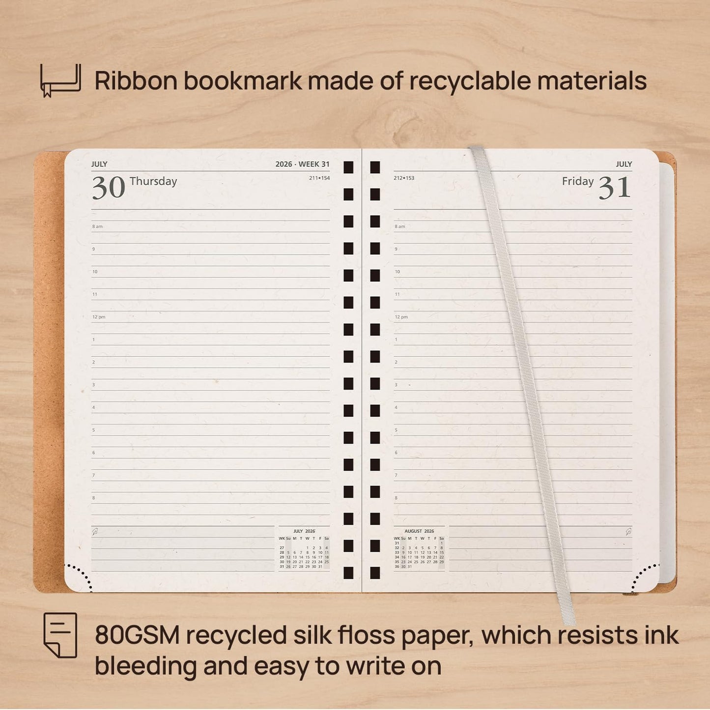 POPRUN 2026 Daily Planner One Page A Day - [5.75" x 8.5"-100% Recycled Materials Spiral Soft Cover] - 2026 Agenda with Monthly Calendar, Folded Inner Pocket - Black Grey