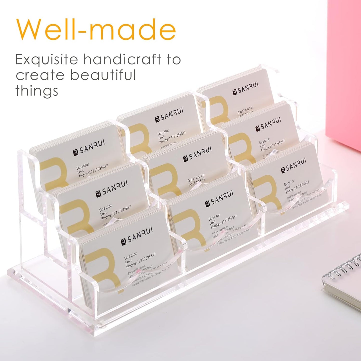 SANRUI Clear Horizontal Business Card Holder Stand for Desk, Acrylic Desktop Display Name Cards Holders Organizer Storage Rack,for Exhibition, Home , Office ,3 Tier 9 Pocket , 540 Card Capacity
