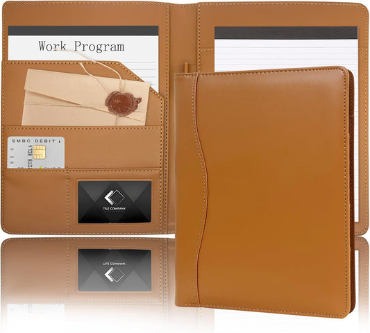 Leather Portfolio Binder 5 x 8, Mini Soft Leather Padfolio A5 Business Binder Legal Writing Pad Junior Size Document Organizer for Present Gift Kid Men Women Brown