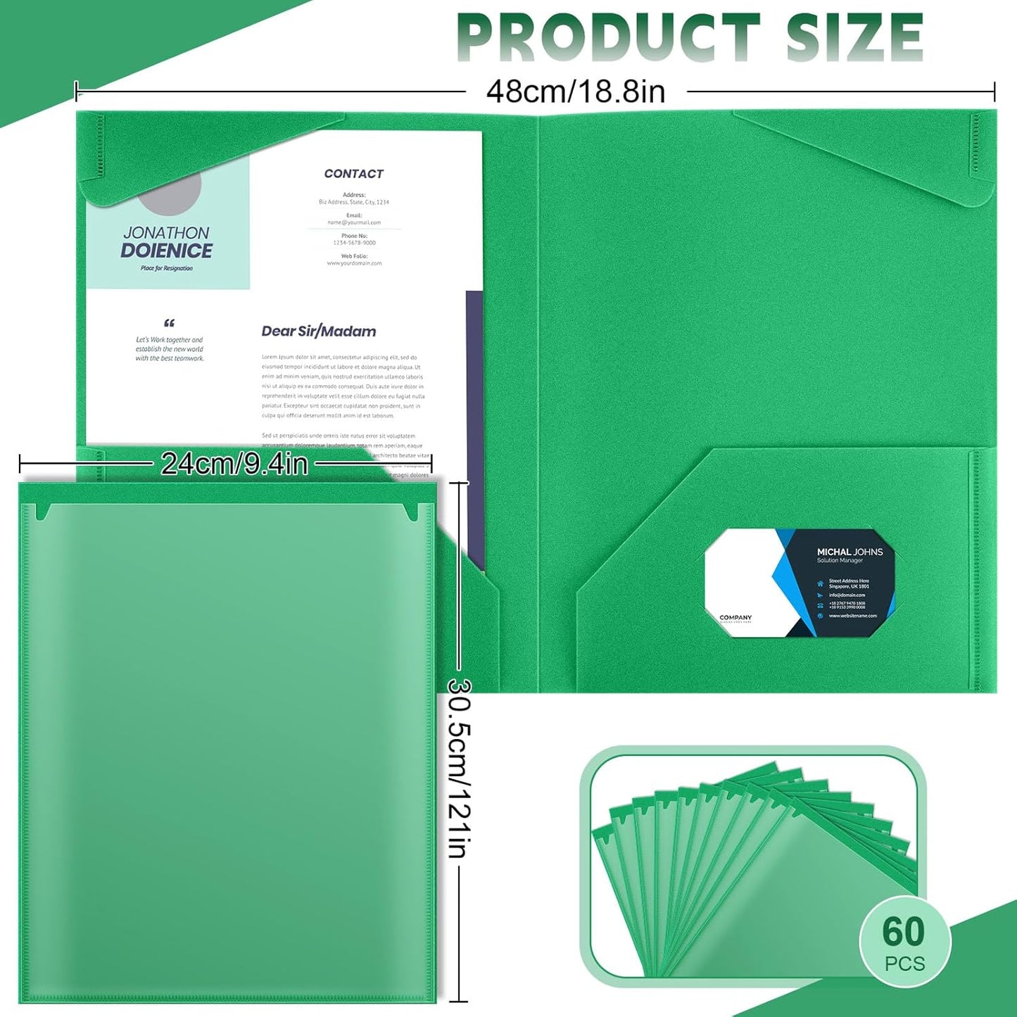 Henoyso 60 Pcs Plastic Folders with Clear Front Pockets Heavy Duty File Folders with 2 Pockets and Card Slot for Student Communication School Office Presentation Report (Green)