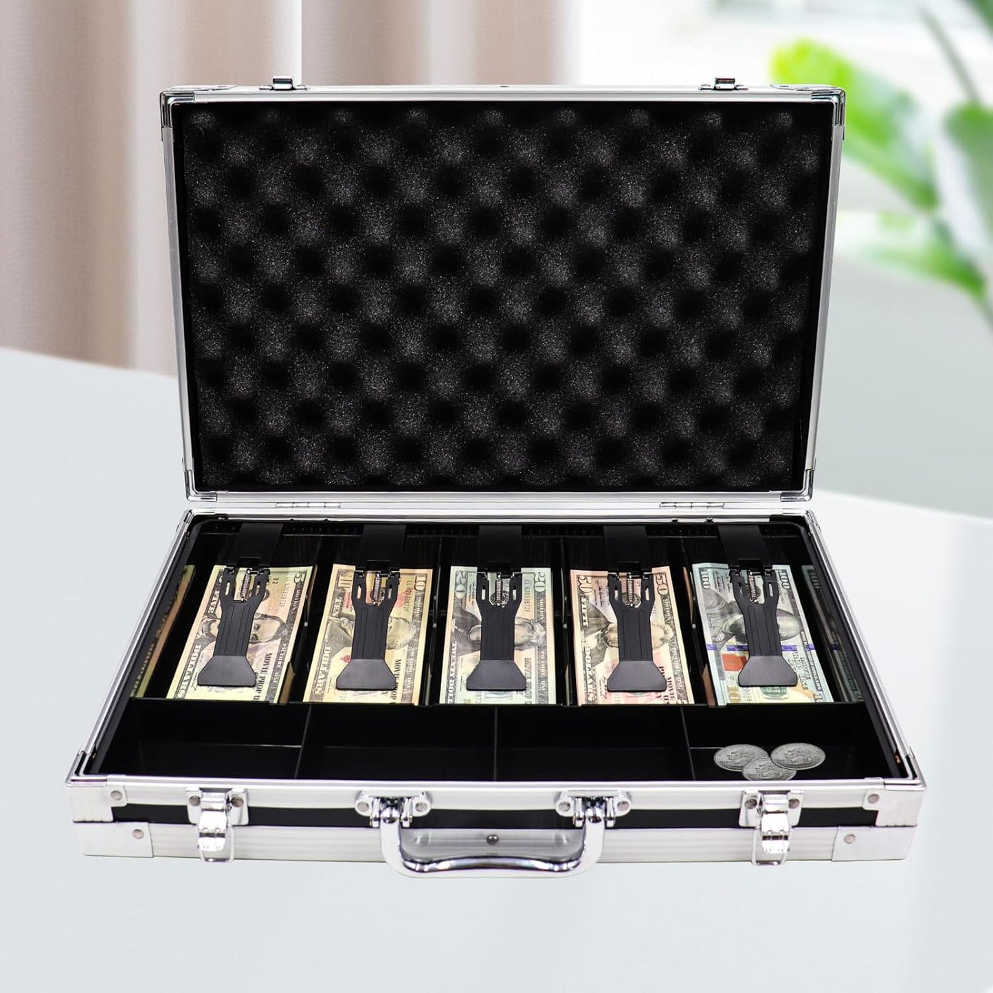 Large Cash Box with Money Tray, Lockable Money Box for Cash, Large Cash Organizer with 5 Compartment Spring-loaded Cash Trays and 4 Coin Trays