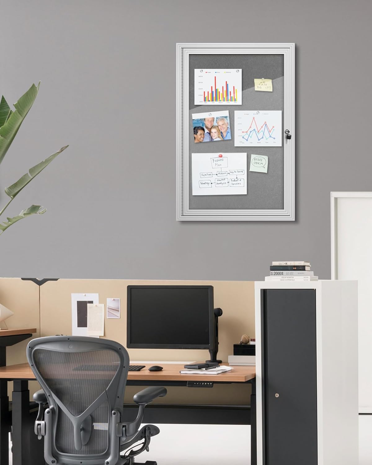 36"x24" Enclosed Bulletin Board, Outdoor Lockable Weather-Resistant Aluminum Cork Noticeboard for School & Office, Silver Frame w/Grey Flet