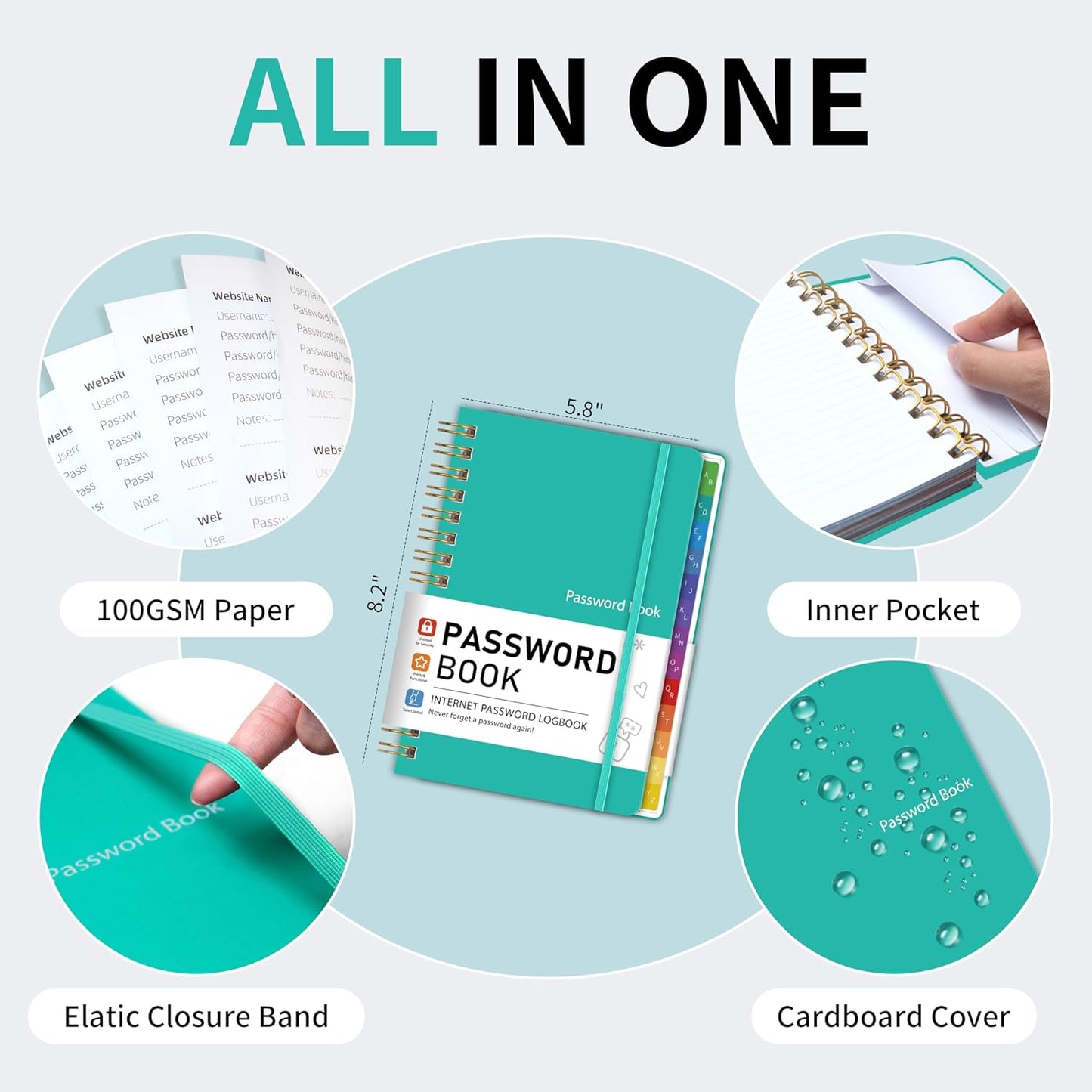 Password Book with Alphabetical Tabs, Password Keeper Book for Seniors, 5.8" X 8.2" Medium Size Password Notebook, Spiral Hardcover Password Journal Logbook for Website Logins, Green