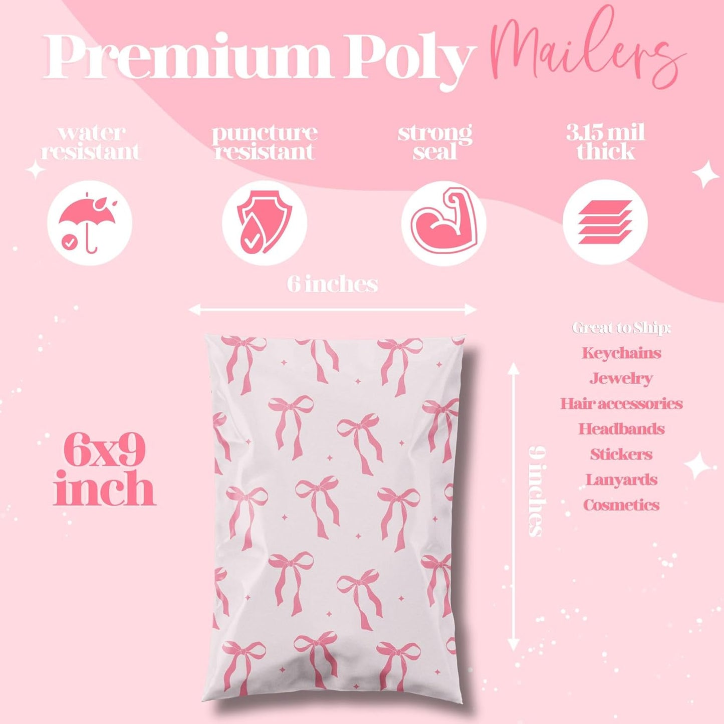 6x9 Designer Poly Mailer 100 Pack Heavy Duty Waterproof Self Seal Shipping Bags for Small Business Large Mailing Envelopes Bulk Tear Resistant Cute Packaging Pink Bows Coquette