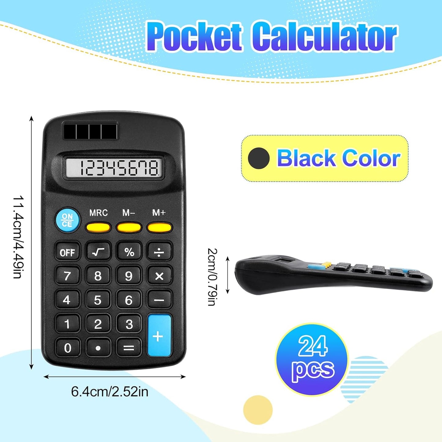 24 Pieces Pocket Calculator,Pocket Size Mini Calculators,Solar Battery Dual Power Function Calculator,8 Digit Display Basic Calculator for Students Kids Home Office(Black)
