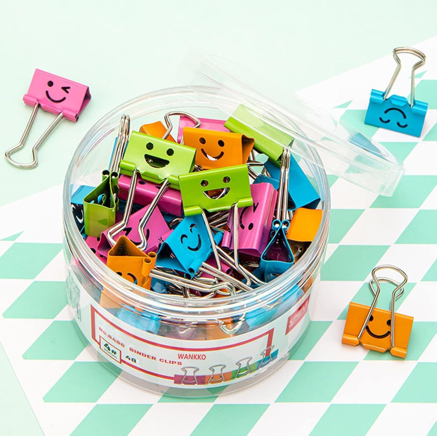 48 Pack Medium Paper Clips (1 inch/25mm), Smiling Face Binder Clips, Assorted Colors