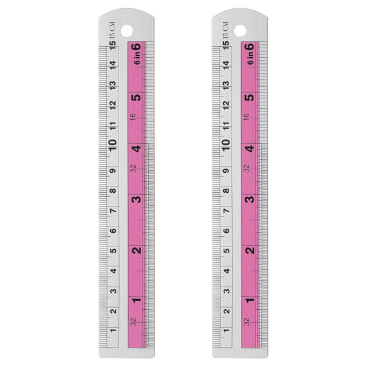 HARFINGTON 2pcs Metal Straight Ruler 15cm Metric SAE Aluminum Alloy Measuring Rulers Scale Tools with Hole for Measure Study Reading Classroom Office, Pink