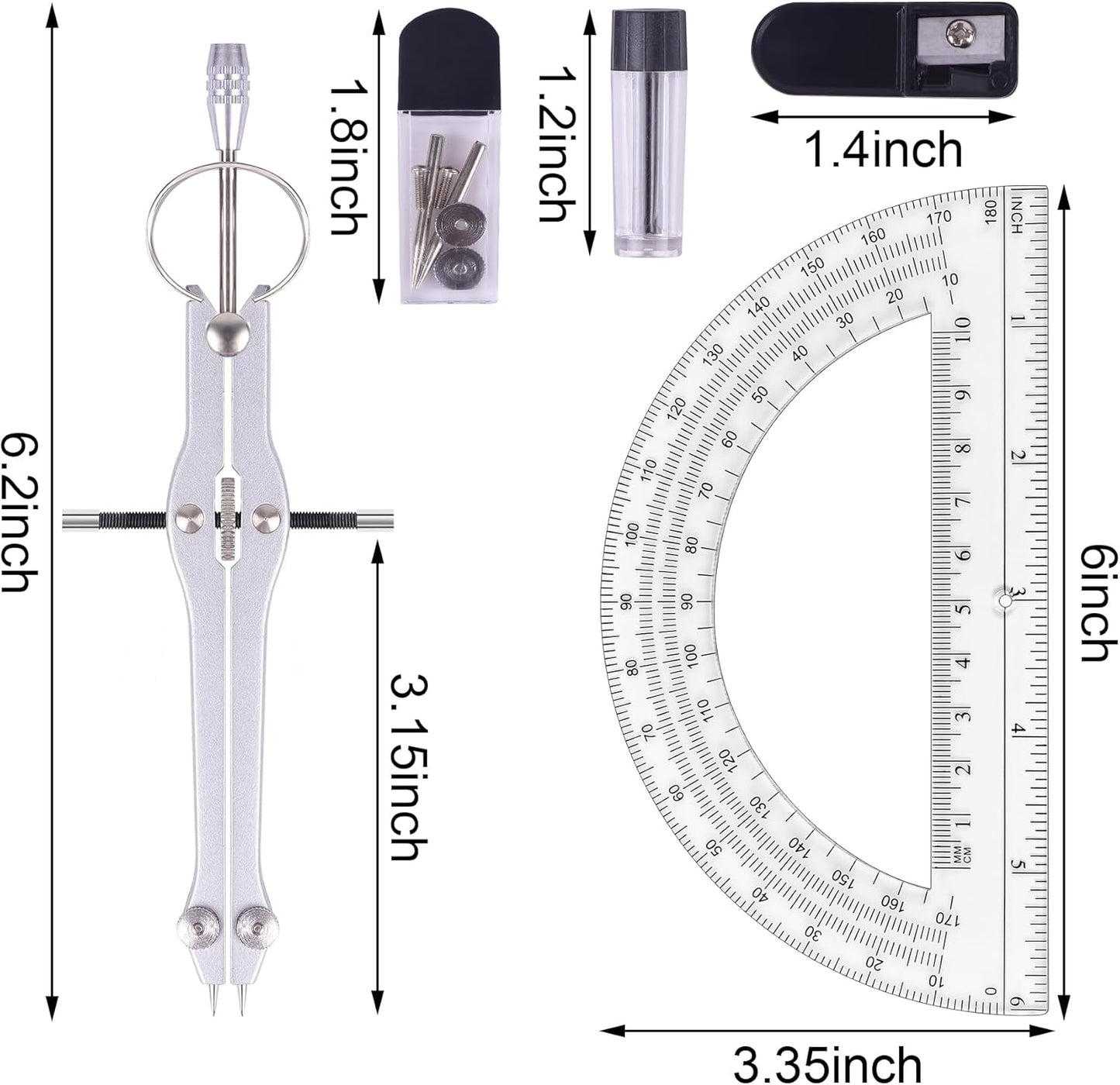 Compass and Protractor Set, Professional Drawing Compass Tool, Metal Compass with Extra Refills, Compass for Geometry and 6 Inch Math Protractors 180 Degree (Purple)