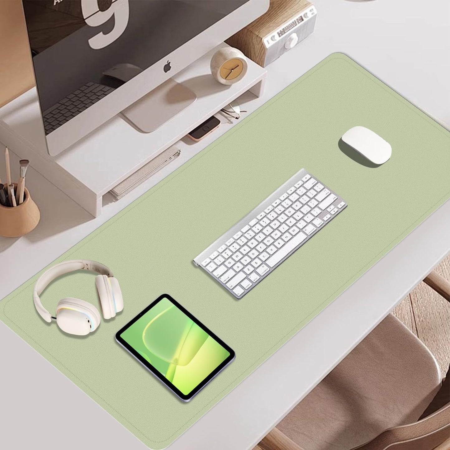 Large Desk Pad 35.4" x 17", Non-Slip Desk Mat with PU Leather & Natural Cork, Waterproof Writing Desk Natural Cork, Computer Mat Desk Protector for Office Home, Matcha