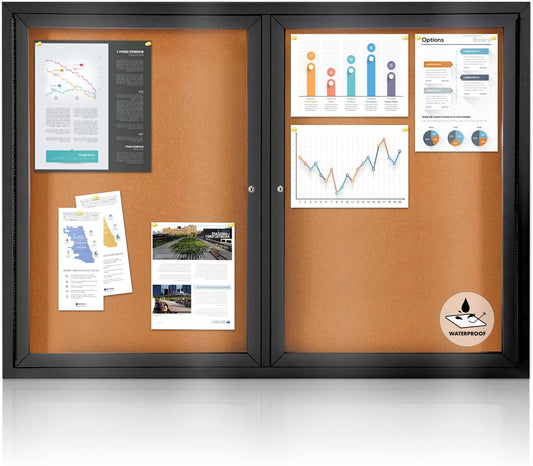 Enclosed Bulletin Board Outdoor Noticeboard with Locking Door, Weather-Resistant, Cork, Black Aluminum Frame, 48 x 34 in