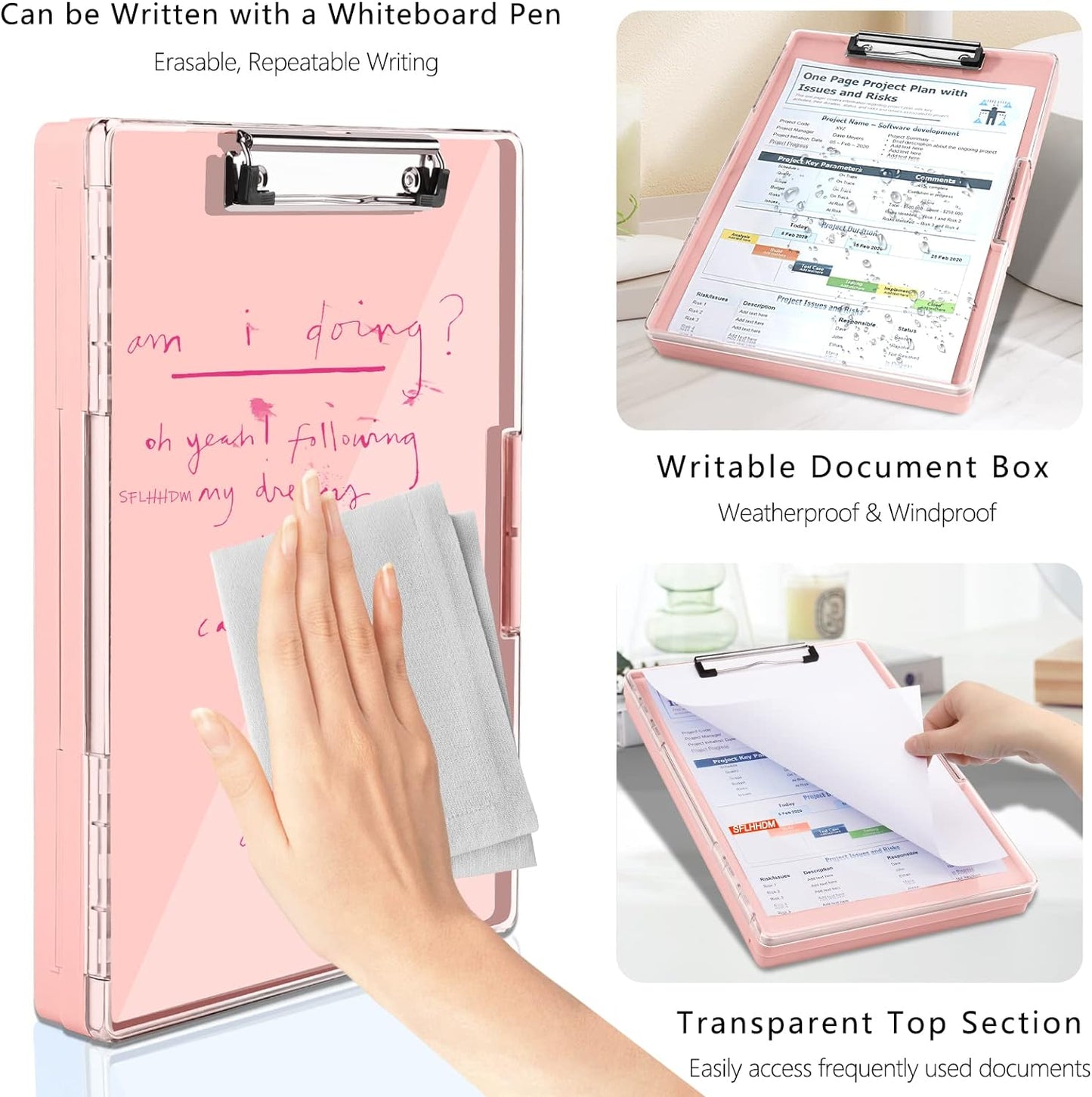 Clipboard with Storage,Heavy Duty Clip Boards 8.5x11 with 2 Storage Case,Clear Visible Top Panel Storage Clipboards,Side Opening Clip Boards,Nursing Clipboard Folder Case for Office Supplies-Pale Pink