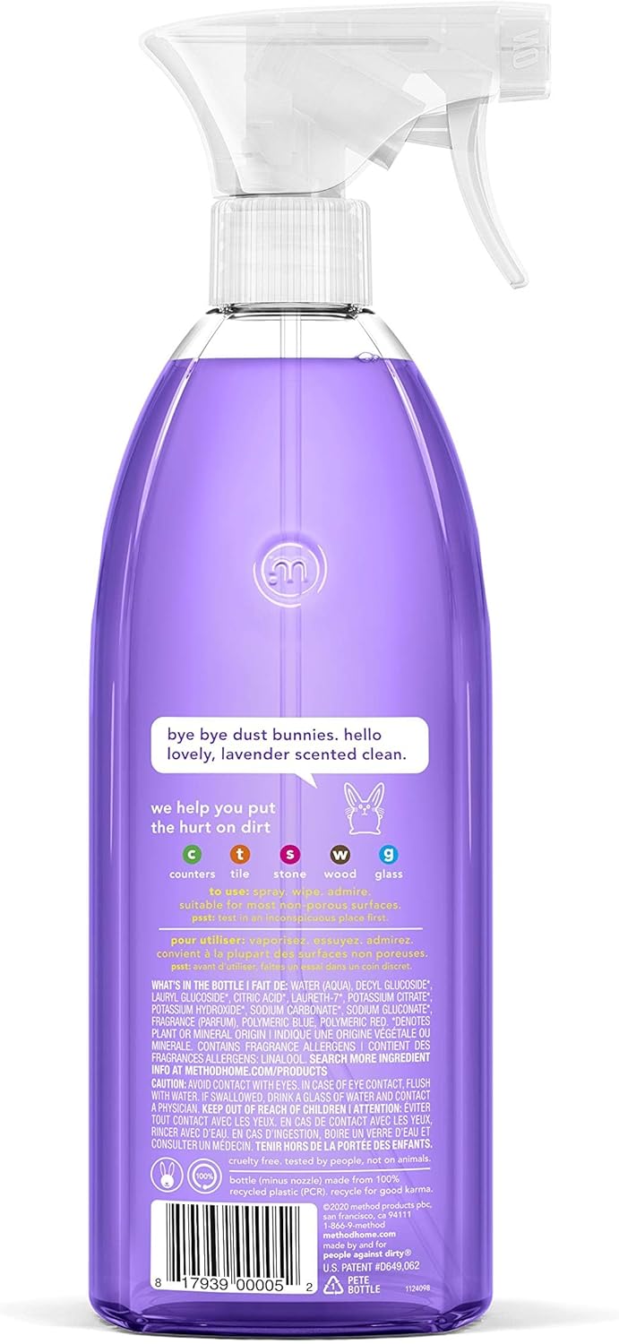 Method All-Purpose Cleaner Spray, French Lavender, Plant-Based and Biodegradable Formula Perfect for Most Counters, Tiles and More, 28 Fl Oz, (Pack of 8)
