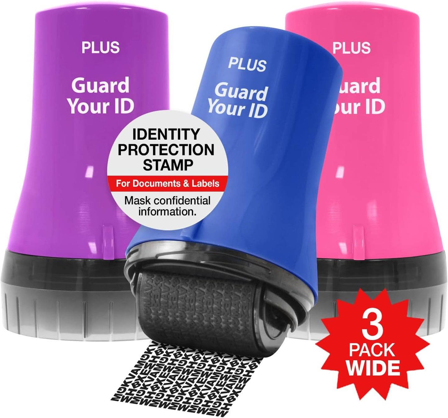 Wide Advanced ID Roller Stamp by Guard Your ID, Privacy Protection and Identity Theft Prevention, As Seen on TV (3-Pack, Blue, Pink, Purple)