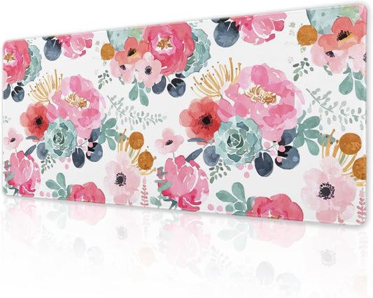 Pink Green Flowers Gaming Mouse Pad XL Cute Watercolor Floral Pretty Extended Desk Pad Trendy Pastel Big Large Mousepad Non-Slip Rubber Base Stitched Edge Long Table Mat for Desktop, 31.5 x 11.8 inch