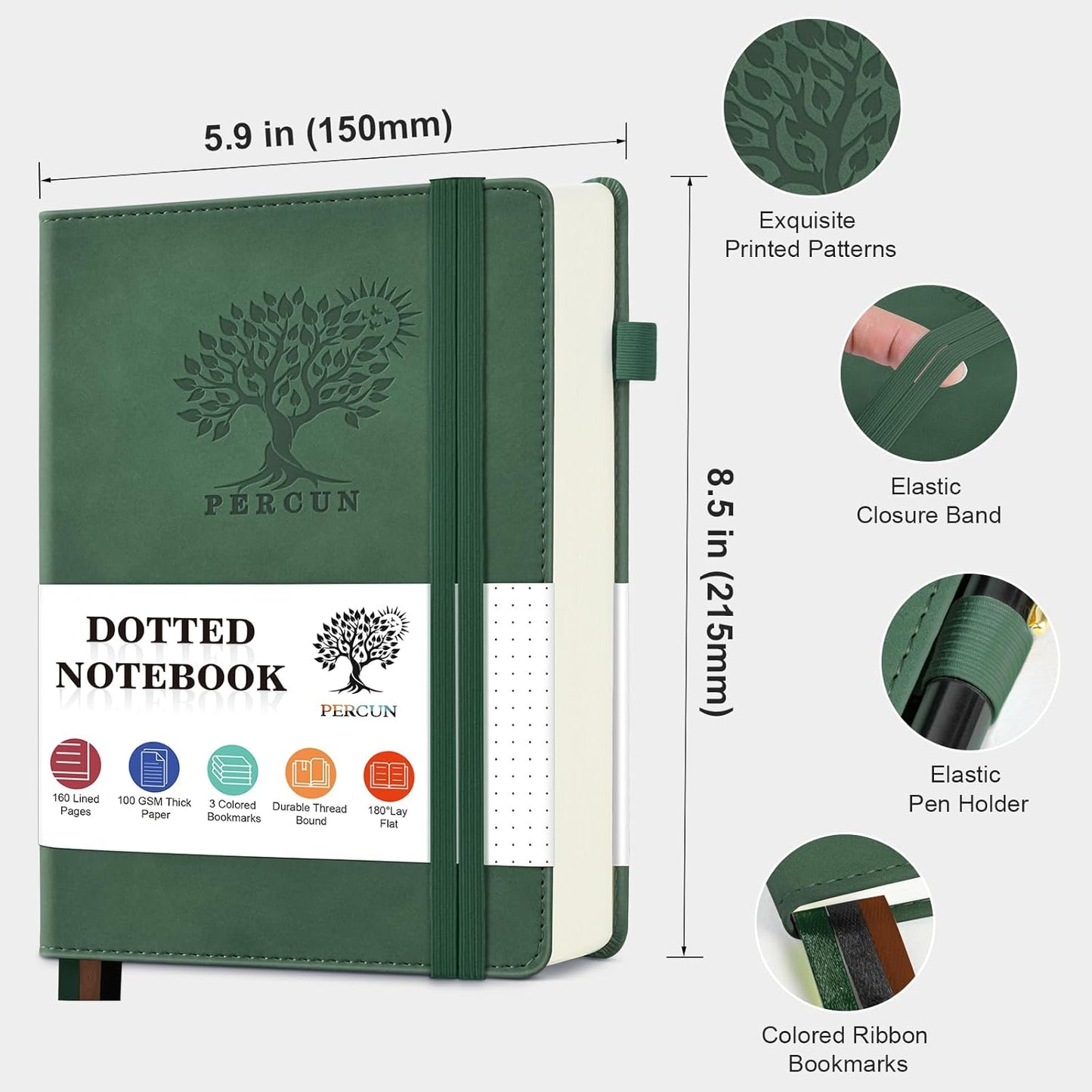 Dotted Journal Notebook for Men & Women, 160 Pages Dot Grid notebook for Note Taking, Bullet Journaling Notebook for Work, School, Travel, Writing, A5 Hardcover 5.9" x 8.5"(Green)