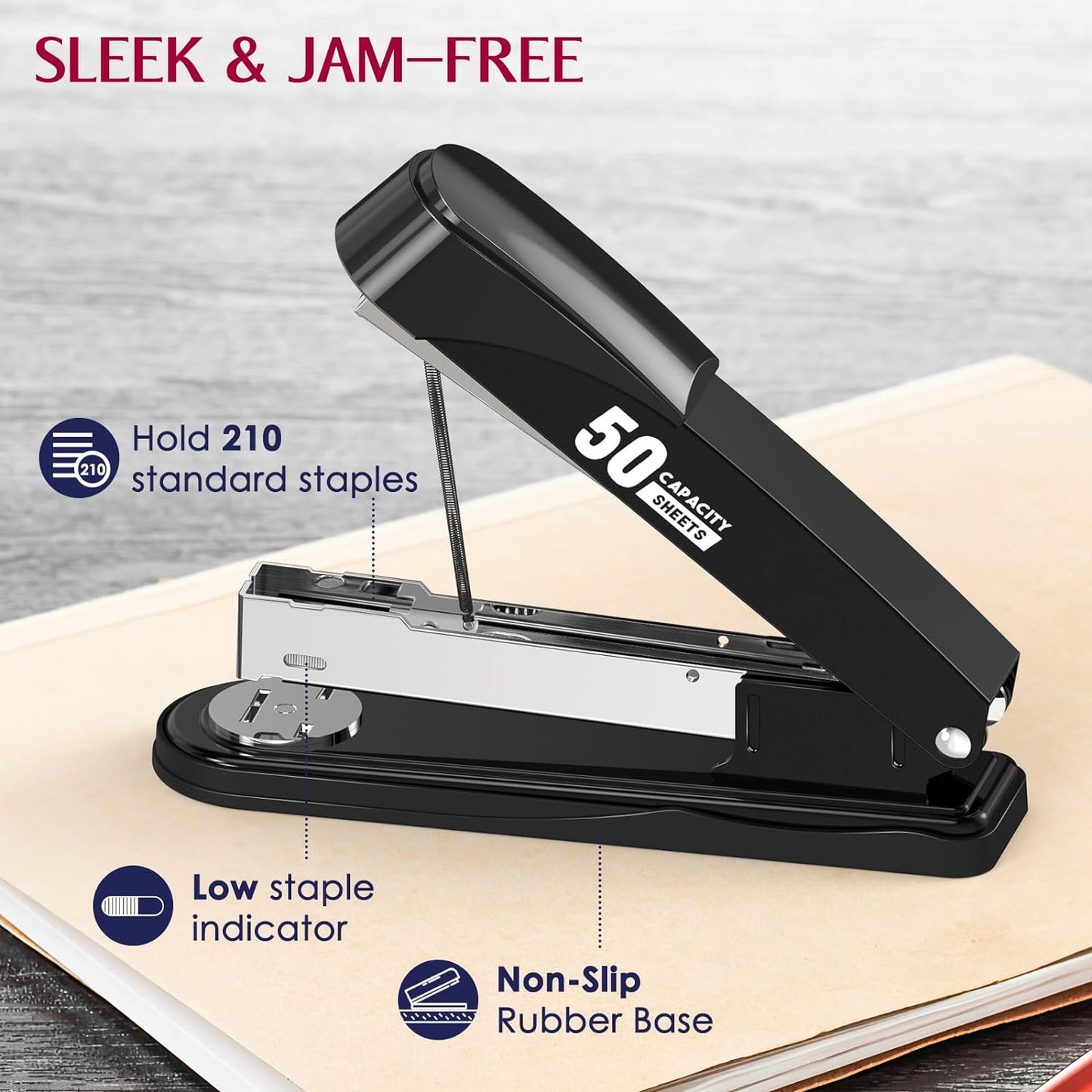 Metal Stapler Heavy Duty 50 Sheet Capacity with 1750 Staples and Staple Remover, Full Strip Staplers for Desk, No Jam, Non-Slip for Office & Classroom, Black