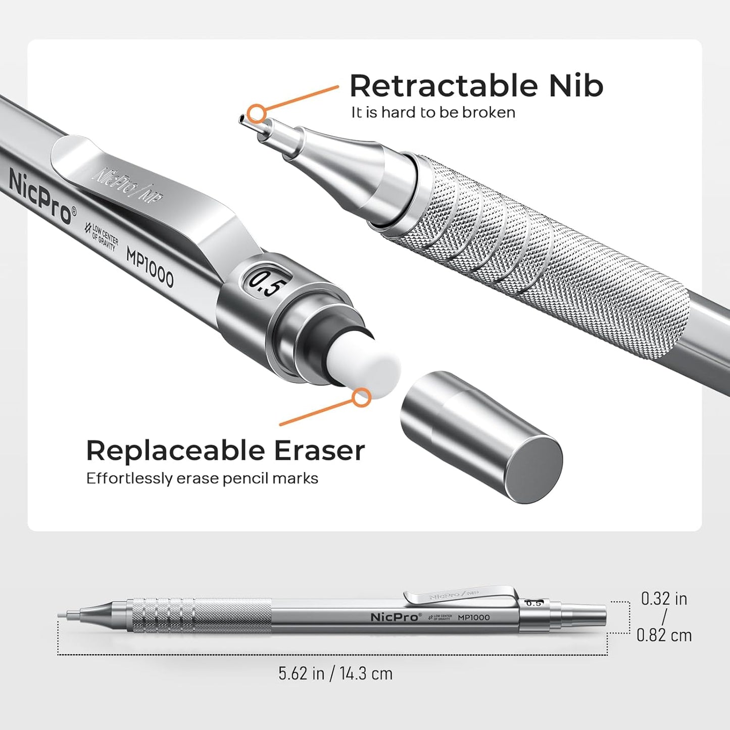 Nicpro 4 Pack Metal Mechanical Pencil Set 0.5 mm & 0.7mm with Case, Artist Pencil MP1000 with 8 Tubes HB & 2B Lead Refill, 3 Eraser, 9 Eraser Refill For Art Writing Drafting Drawing,Black & Silver