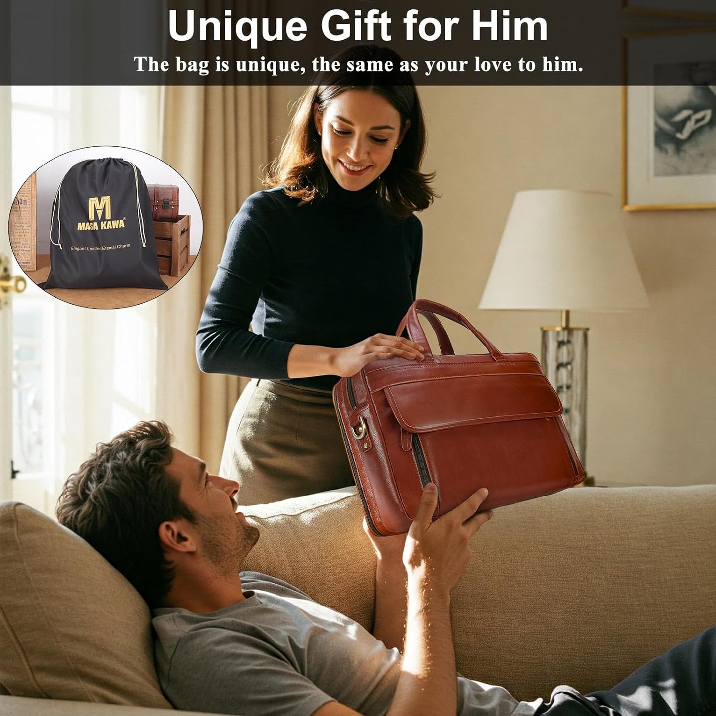 Masa Kawa Leather Briefcase for Men 15.6", 17" Laptop Computer Case Business Travel Work Messenger Cross Body Shoulder Bag