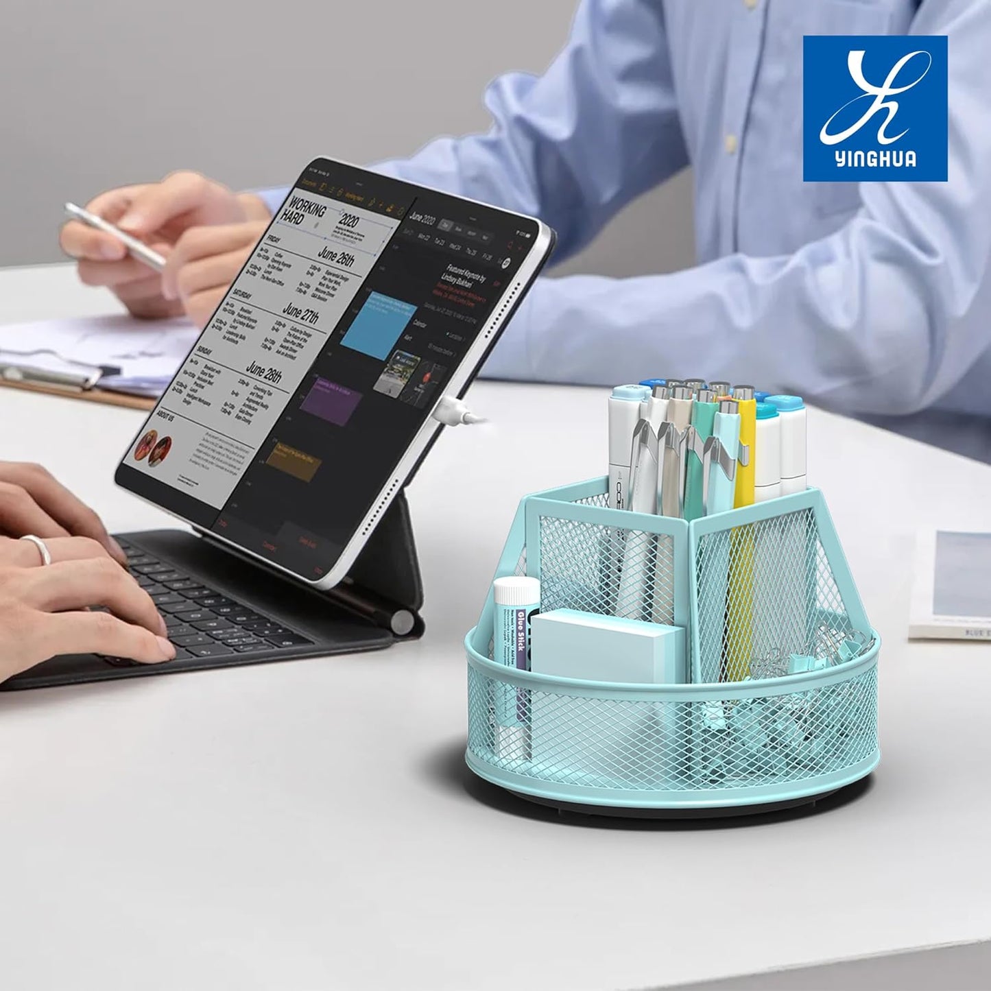 YINGHUA Metal Mesh Desk Organizer with 5 Compartments and Rotating Pencil Holder Pen and Stationery Organizer for Office Home School Anti Slip Base Blue