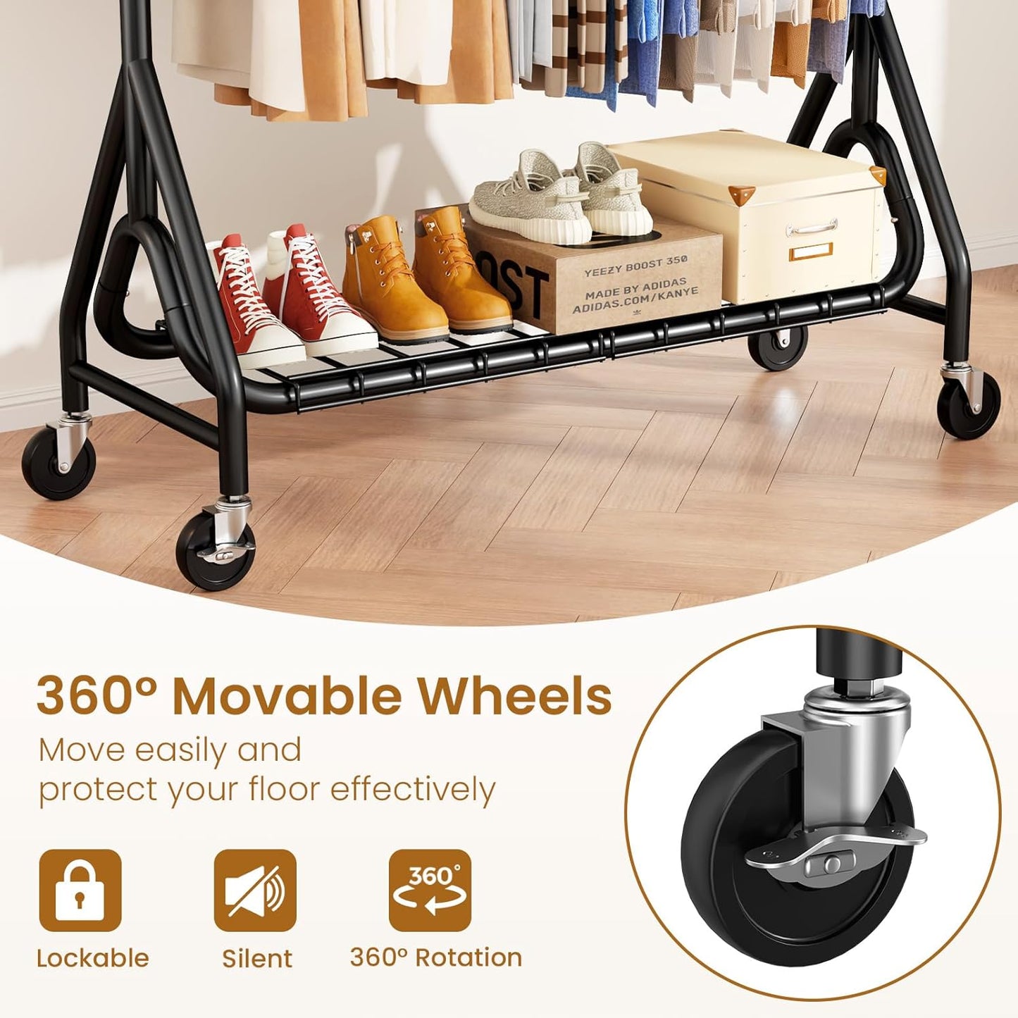 Heavy Duty Clothes Rack for Hanging Clothes, Double Rods Clothing Rack with Lockable Wheels, Rolling Garment Racks with Shelf, Easy to Assemble, Black