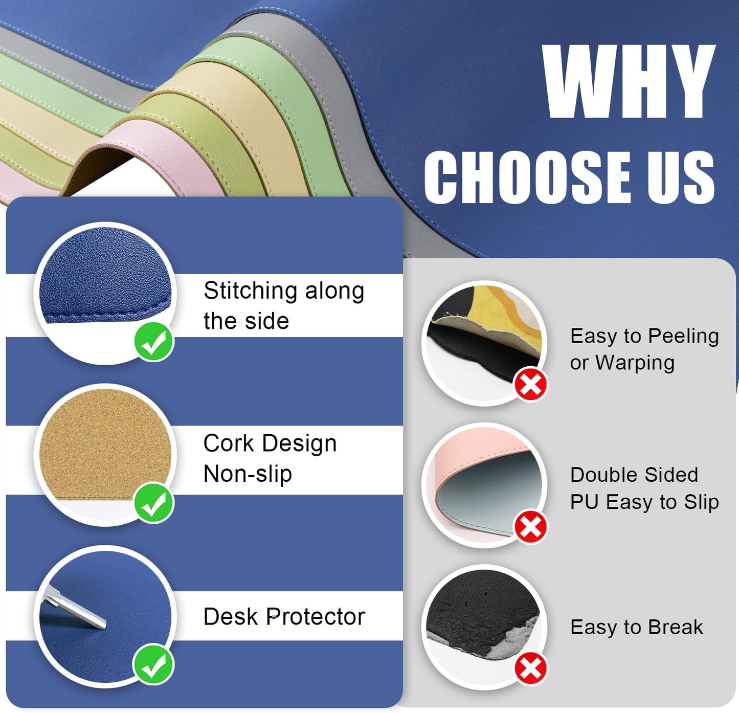 Large Desk Pad Protector, Non-Slip Computer Mat for Desk, 55'' x 17'' PU Leather Office Desk Mat for Home & Office, Laptop Desk Blotter Pad for Mouse and Keyboard, Dark Blue