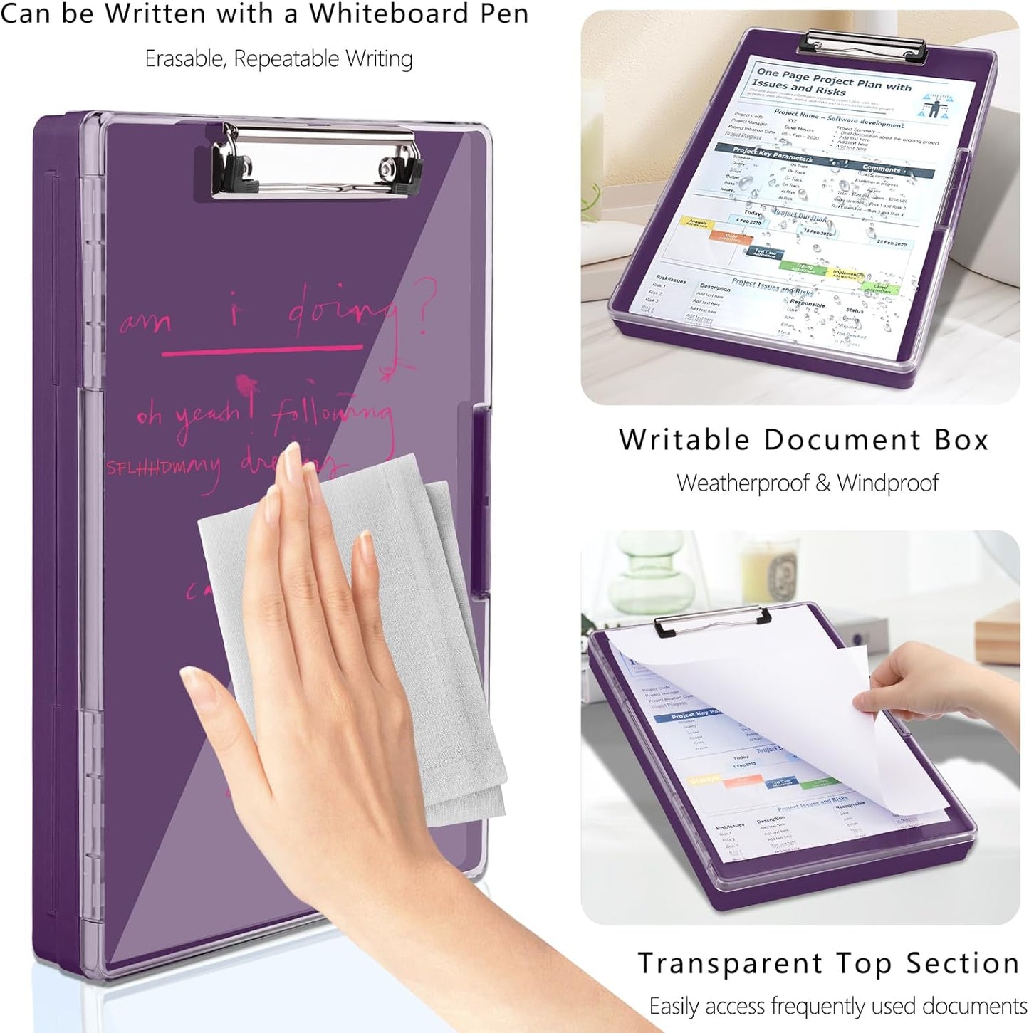 Clipboard with Storage,Heavy Duty Clip Boards 8.5x11 with 2 Storage Case,Clear Visible Top Panel Storage Clipboards,Side Open Clip Boards,Nursing Clipboard Folder Case for Office Supplies-Dark Purple