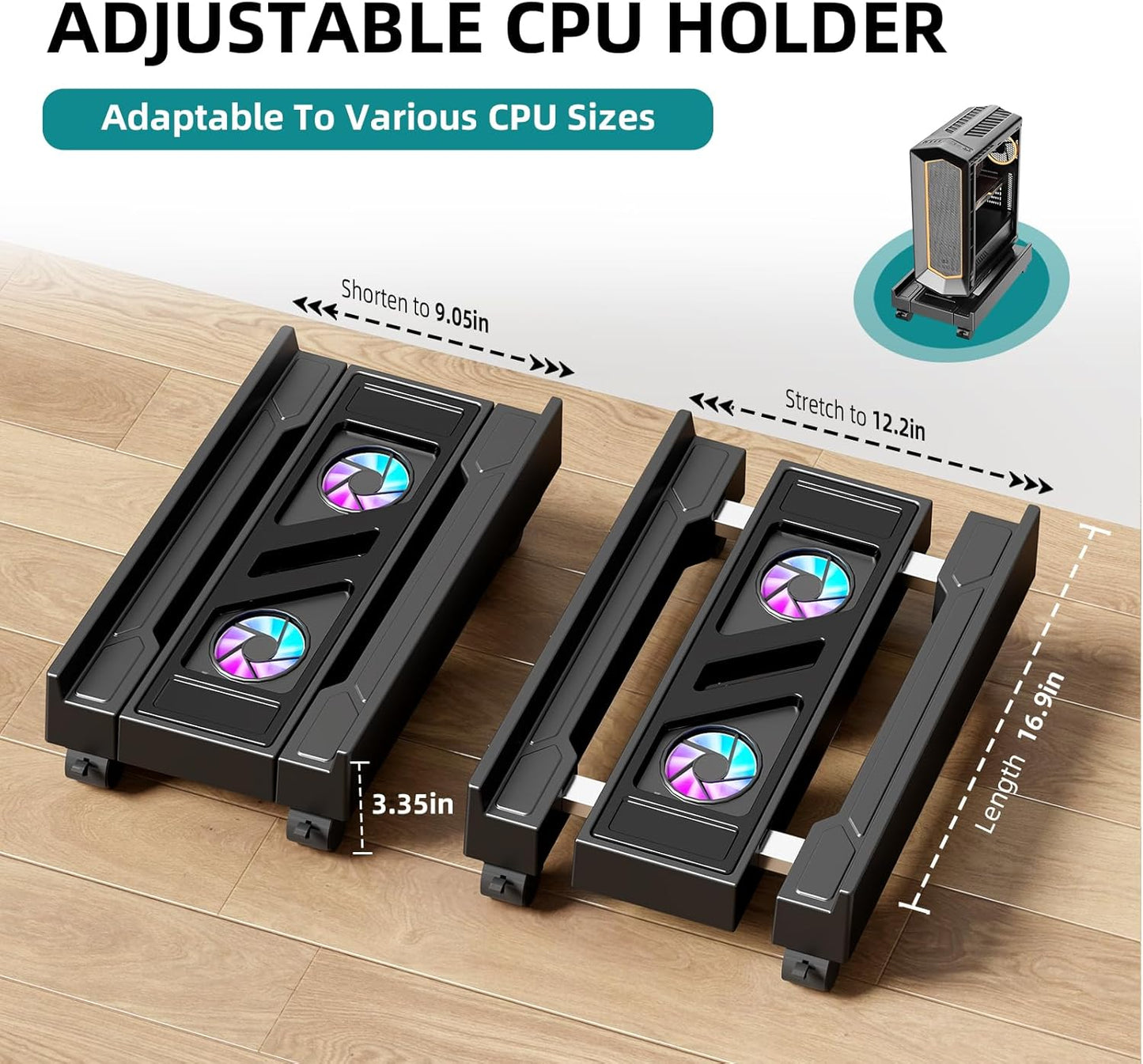 Adjustable Computer Tower Stand with Cooling Fan, Mobile CPU Holder with 4 Rolling Casters, Under Desk CPU Bracket PC Floor Cart PC Riser for Office, Home and Classroom. (Fan Version)