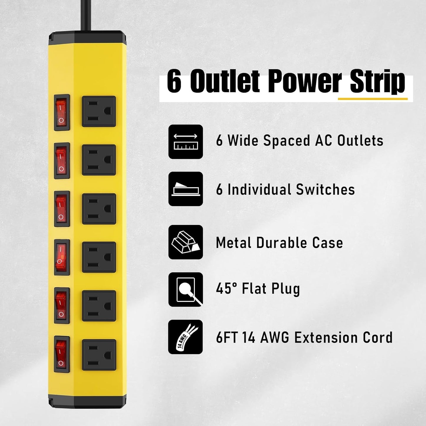 ANNQUAN 6 Outlet Metal Power Strip with 6 Individual Switches,Heavy Duty Power Strip 1200J 15A 6FT Cord Home Office Industrial Commercial Shop