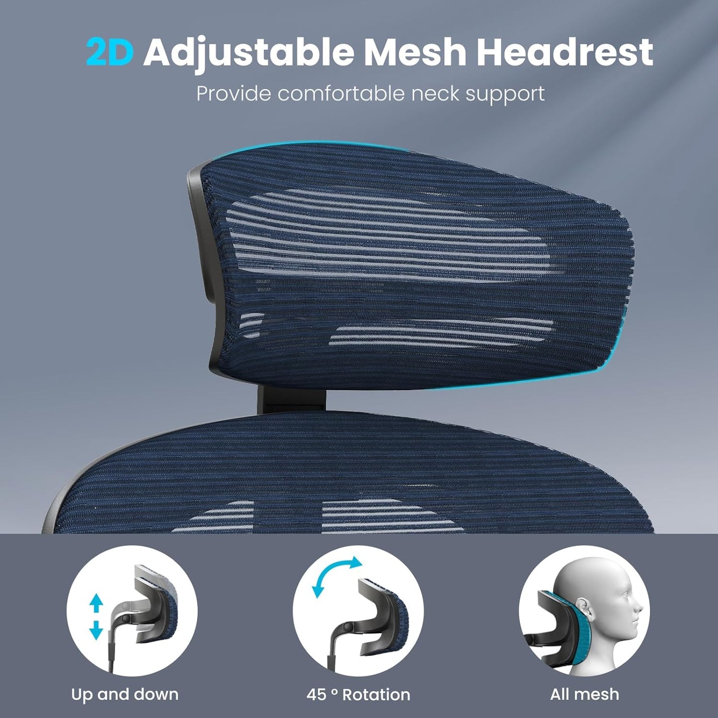 Farini Office Chair Ergonomic Desk Chair, High Back Computer Chair with Wheels, Home Sutdy Chair for Heavy People, Office Chair Adjustable Seat Depth, 3D Armrests and Adjustable Headrest, Blue