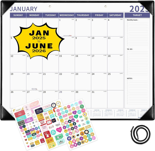 Ospelelf Large Desk Calendar 2025-2026 with Plastic Cover, 18 Months Planner Pad from January 2025 to June 2026, 22" x 17" PU Leather Wall Calendar for Home or Office, Black