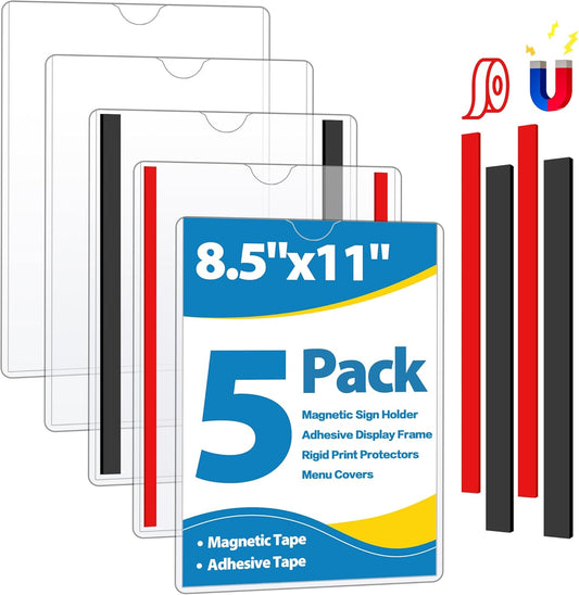 Magnetic Sign Holder 8.5 x 11 Wall Sign Holder 5Pack, Rigid Plastic Door Sign Holder Magnetic Frame with Magnetic Tapes and Adhesive Tapes, Adhesive Display Frame for Fridge Window Wall Display
