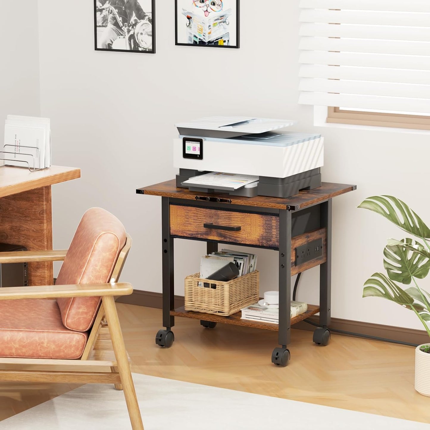 Lerliuo Under Desk Rolling Printer Stand with Charging Station and USB Ports, 2-Tier Printer Table Desk with Fabric Drawer, Printer Cart Holder with Lockable Wheels for Home, Office (Brown)