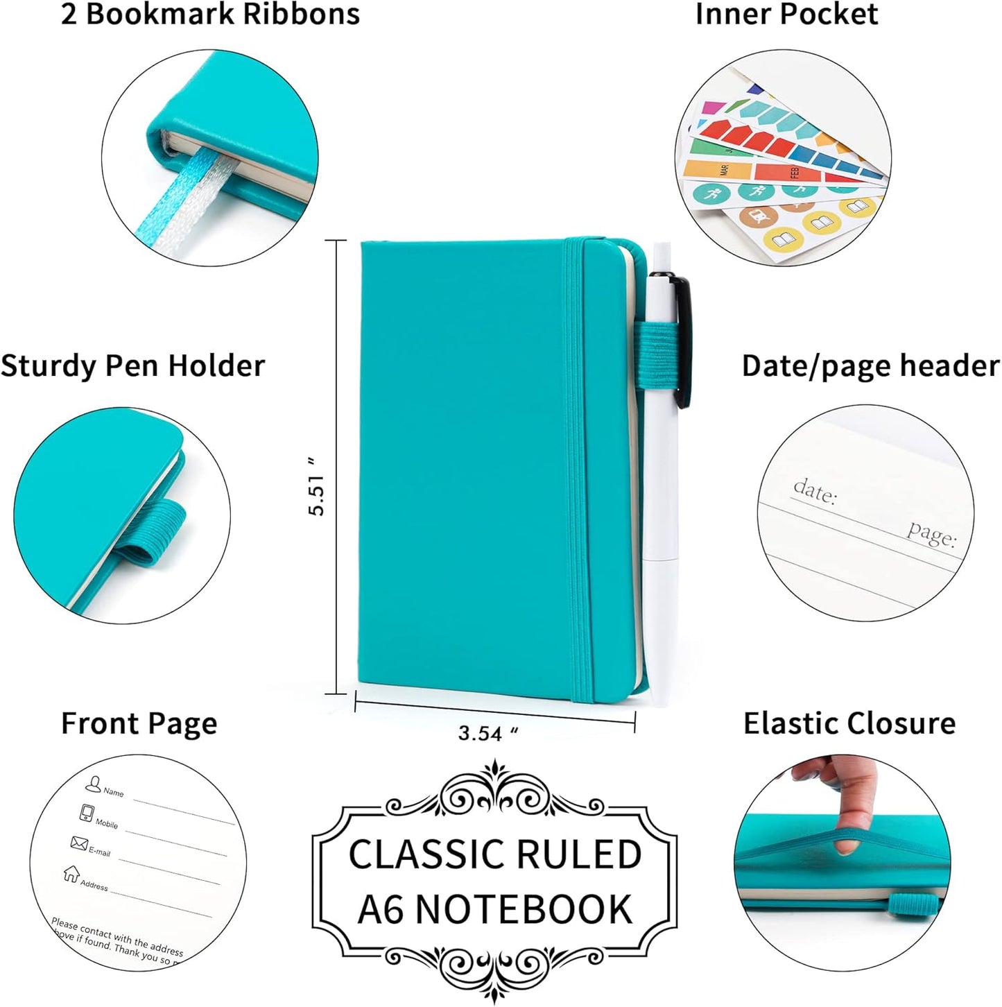 feela 15 Pack Pocket Small Notebooks Bulk, Mini Cute Notepads Hardcover College Ruled Lined Journals with Pen Holder for School Business Memos, with 15 Black Pens, 3.5”x 5.5”, A6, Emerald